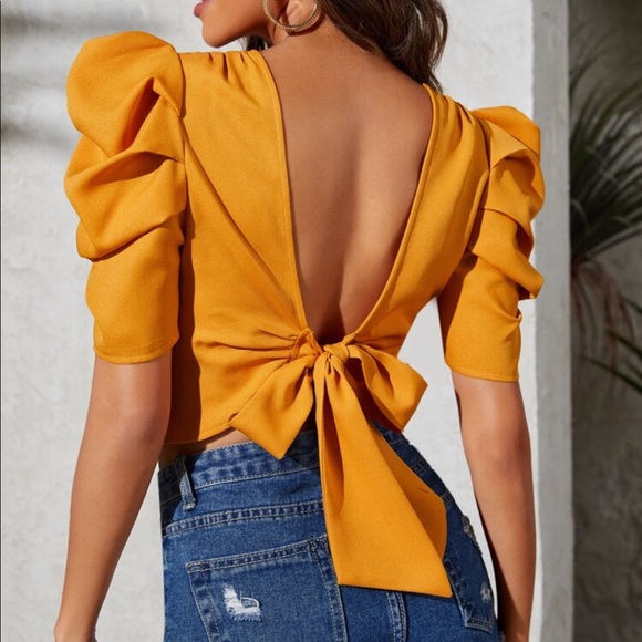 Open Back Tie Puff Sleeve Ruched Classic Top Blouse RED - Picture 3 of 16